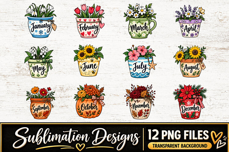 Floral Pot Monthly Clipart Sublimation PNG example image 1