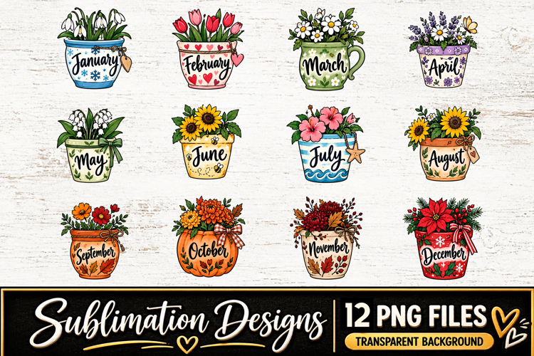 Floral Pot Monthly Clipart Sublimation PNG