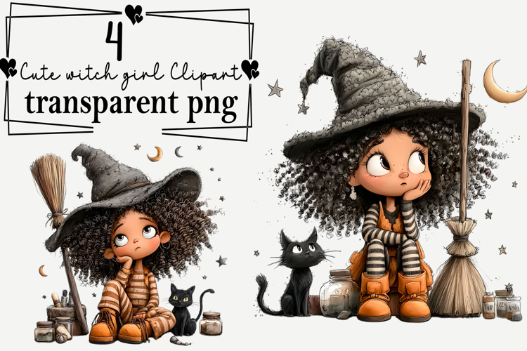 Cute witch girl Clipart Watercolor PNG example image 1