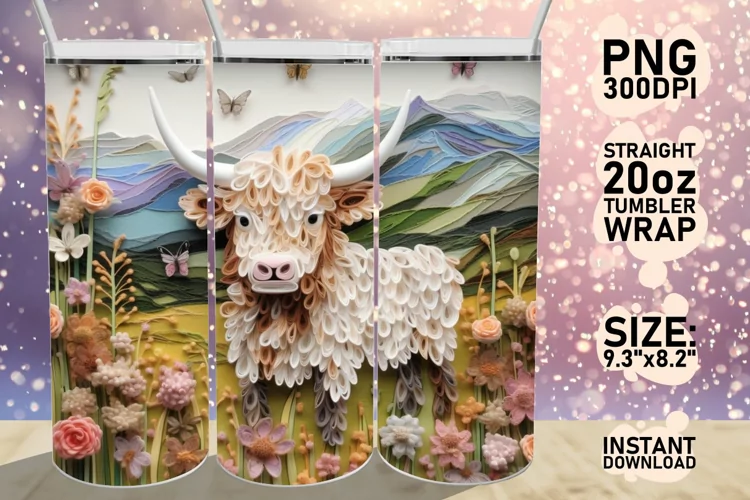 3D Highlands Cow Tumbler Wrap Sublimation 20oz PNG, Summer