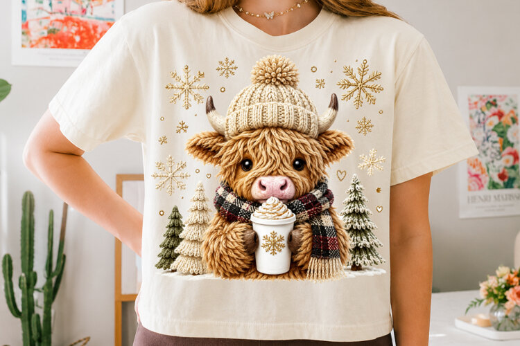 Crochet Highland Cow Winter Coffee Sublimation Files example image 1