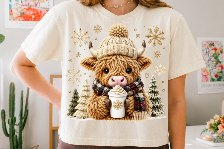 Crochet Highland Cow Winter Coffee Sublimation Files