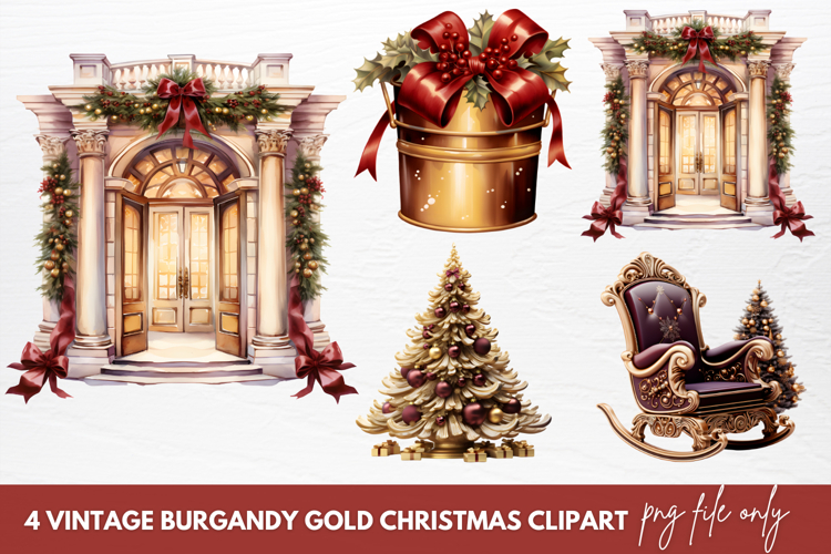 Vintage Burgandy Gold Christmas Clipart Sublimation