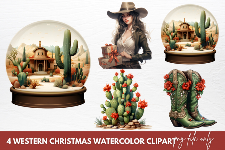 Western Christmas Watercolor Clipart Sublimation