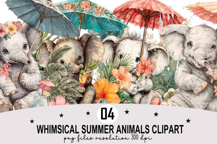 Whimsical Summer Animals Clipart Watercolor PNG example image 1
