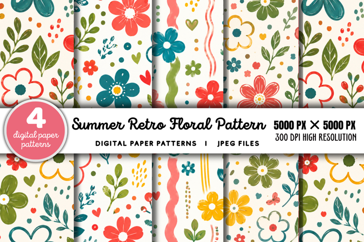 Summer Retro Floral Digital Paper JPG