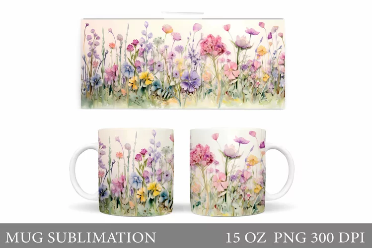 Flowers Mug Wrap Design. Wildflowers Mug Sublimation