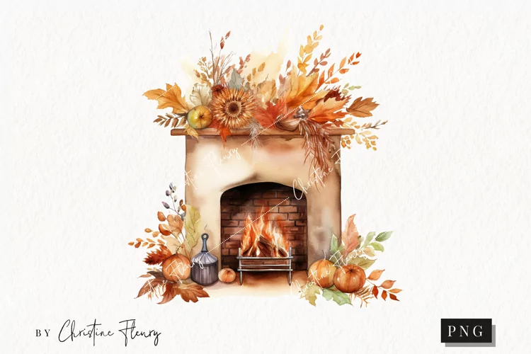 Watercolor Fall Flower Fireplace Clipart | Watercolor Fall