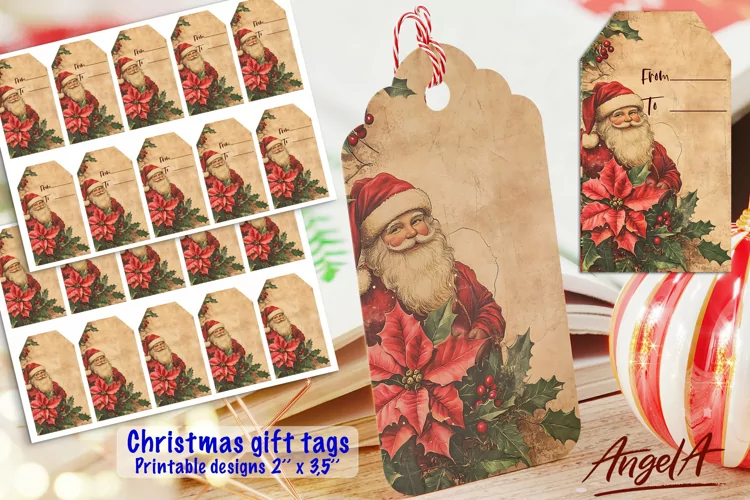 Christmas gift tag printable, retro Santa Claus, poinsettia
