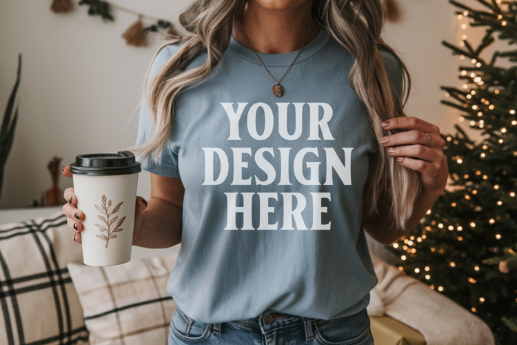 Comfort Colors 1717 Blue Jean Christmas T-Shirt Mockup, Boho