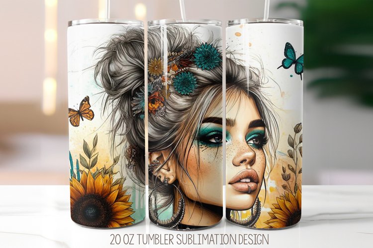 Floral Girl Tumbler Sublimation Design | 20oz Skinny Tumbler