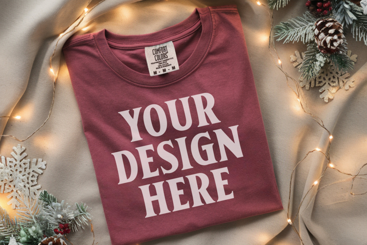 Crimson Comfort Colors 1717 Christmas Folded T-Shirt Mockup