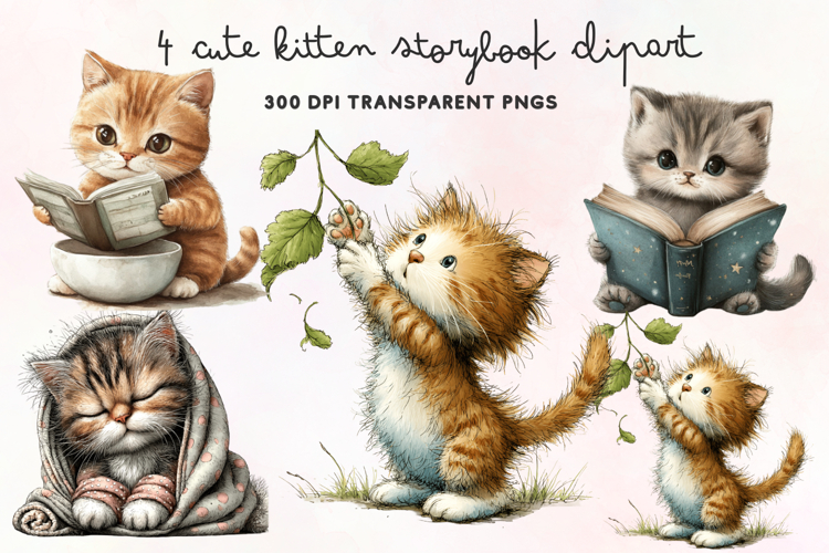 Cute Kitten Storybook Clipart PNG