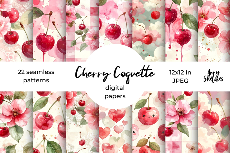 Cherry Coquette Digital Paper Floral Seamless Pattern Bundle