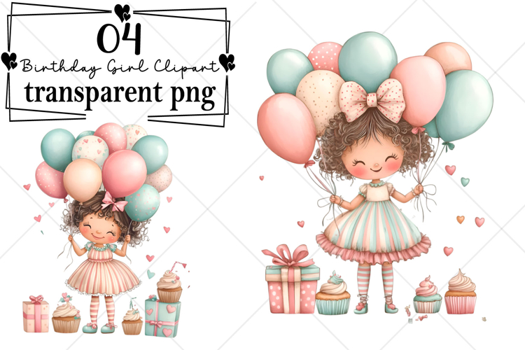 Whimsical Birthday Girl Clipart Watercolor PNG