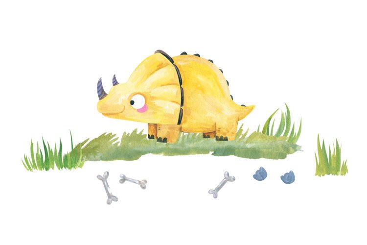 Watercolor cute yellow triceratops dinosaur on green grass example image 1