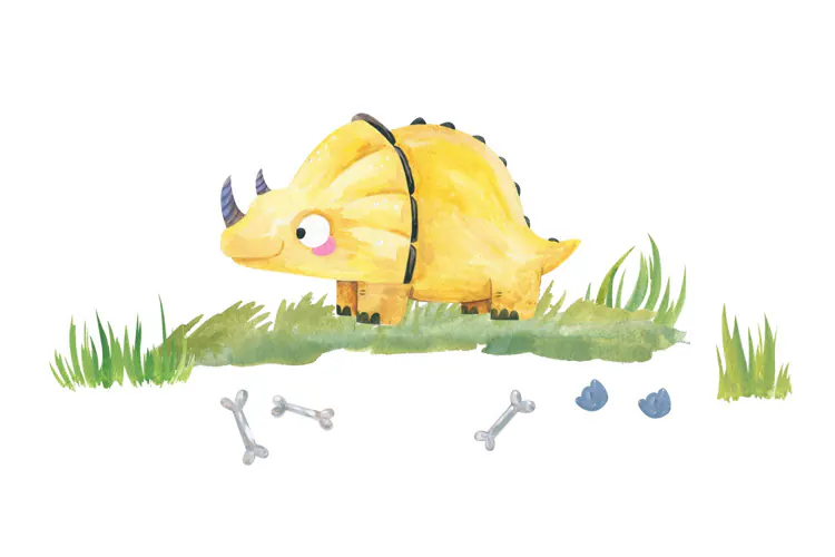 Watercolor cute yellow triceratops dinosaur on green grass