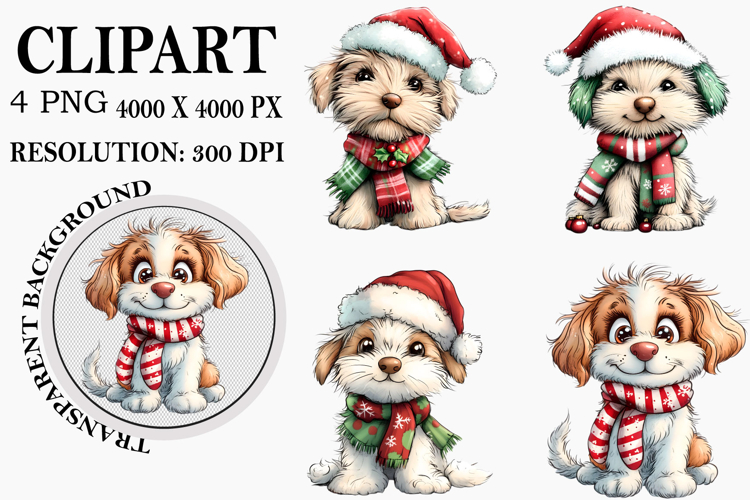 Whimsical Christmas Dog Clipart Watercolor PNG