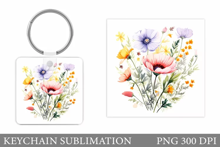 Wildflowers Keychain Design. Square Keychain Flowers