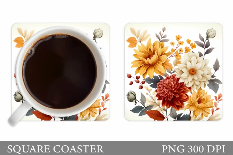Flowers Square Coaster Sublimation. Flowers Coaster Design