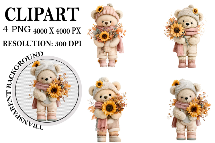 Whimsical Fall Teddy Bear Clipart Watercolor PNG example image 1