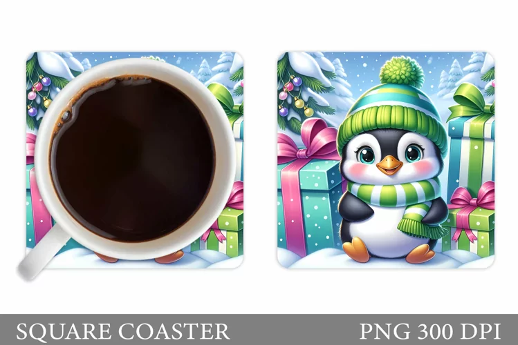 Cute Penguin Coaster Sublimation. Christmas Coaster Design