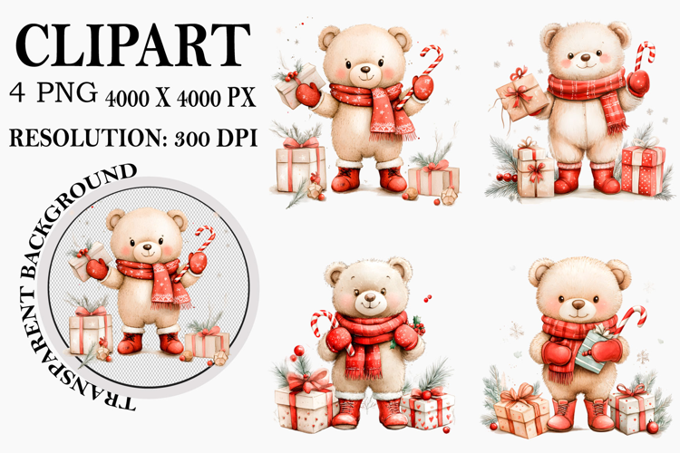 Whimsical Christmas Bears Clipart Watercolor PNG