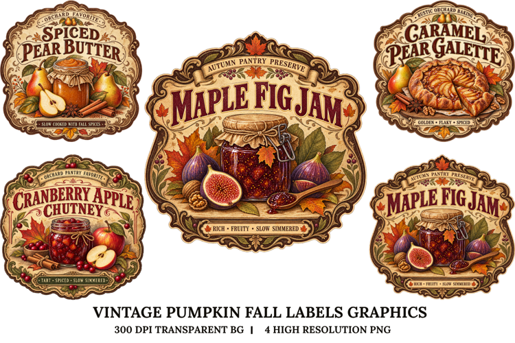 Vintage Fall Food Labels Pumpkin Maple Autumn PNG