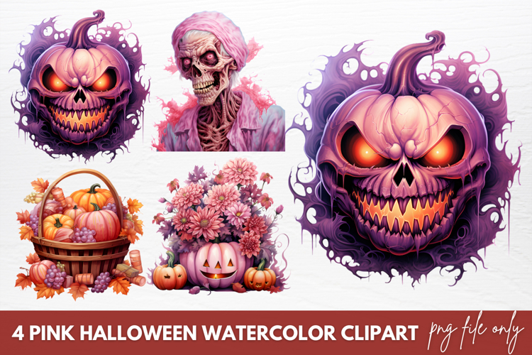 Pink Halloween Watercolor Clipart
