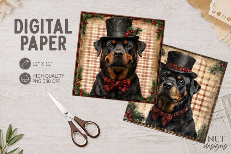 Vintage Christmas Rottweiler Digital Paper Dog face example image 1
