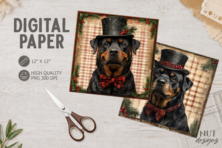Vintage Christmas Rottweiler Digital Paper Dog face