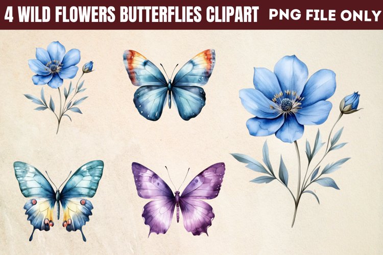 Wild flowers butterflies and dragonfly Clipart PNG