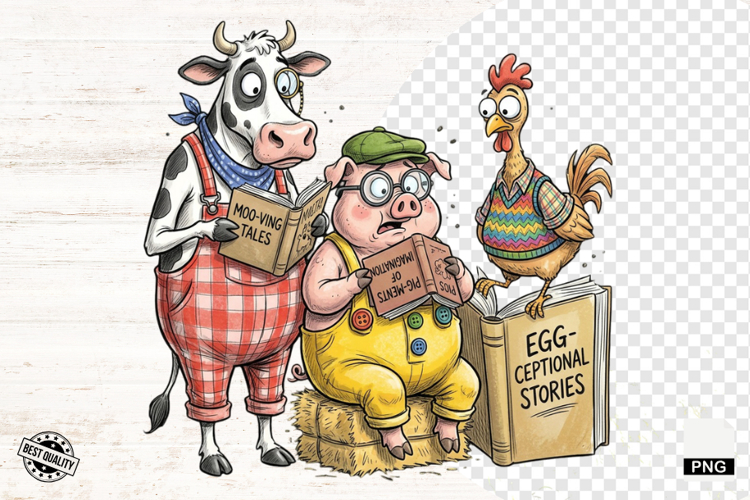 Whimsical Farm Animals Love Reading - Animals Clipart