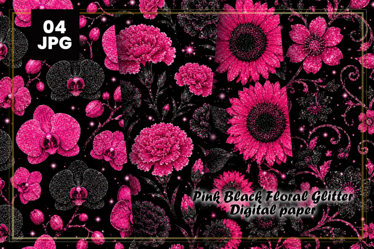 Pink Black Floral Glitter Digital Paper