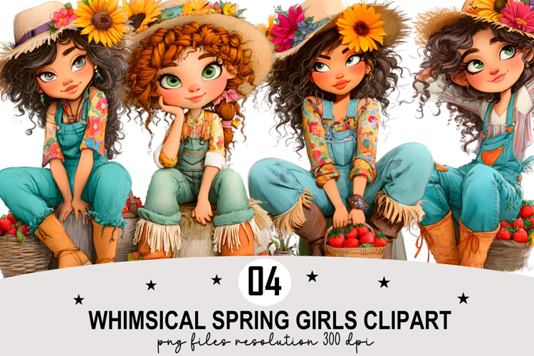 Whimsical Spring Girls Clipart Watercolor PNG