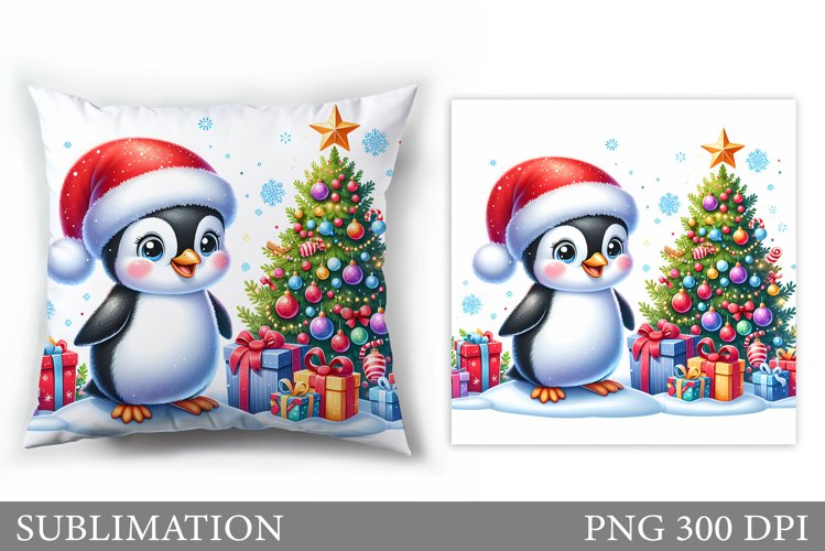 Cute Penguin Pillow Design. Christmas Pillow Sublimation example image 1
