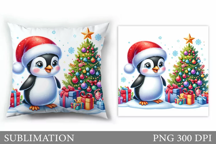 Cute Penguin Pillow Design. Christmas Pillow Sublimation