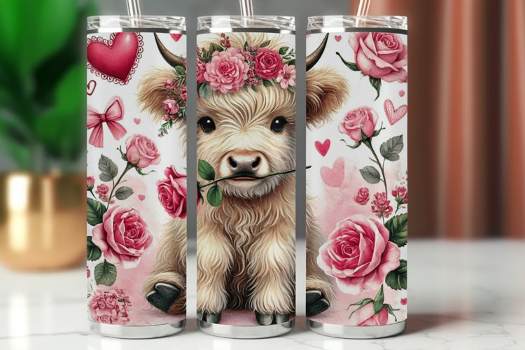 Valentine Tumbler Wrap 20 oz - highland cow with roses