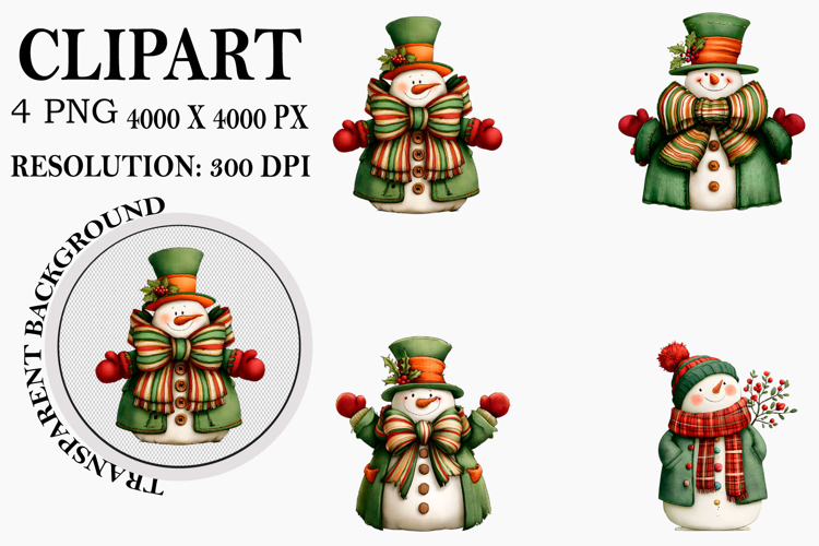 Whimsical Christmas Snowman Clipart Watercolor PNG