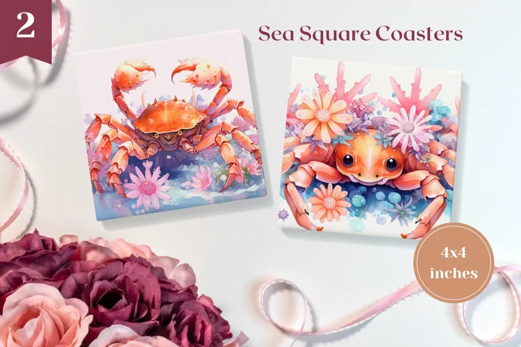 Watercolor Sea Square Coaster, Watercolor Crab Sublimation