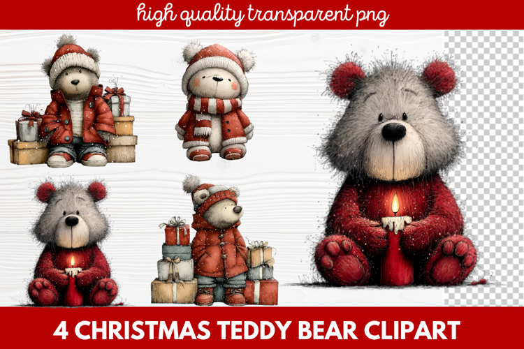 4 Christmas Teddy Bear Clipart | Cute Holiday Bear PNG Illus