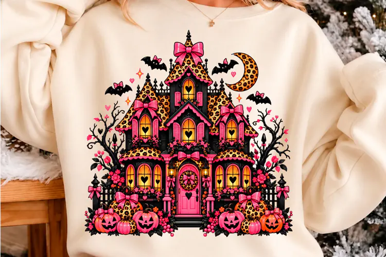 Pink Leopard Haunted House Halloween PNG Halloween T-shirt d