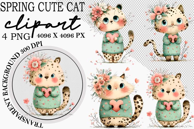 Whimsical Spring Cute Cat Clipart Png