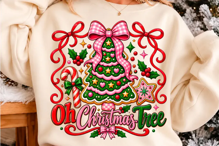 Oh Christmas Tree T-Shirt Design Cute Pink Holiday Png