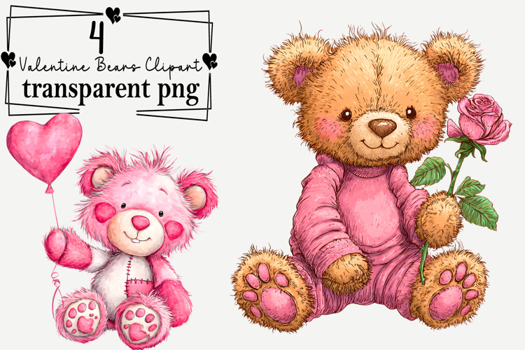 Valentine Bears Clipart Watercolor PNG example image 1