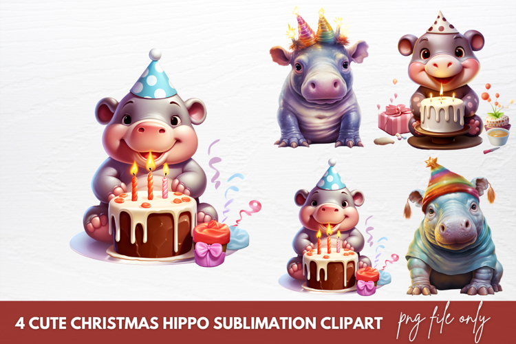 Cute Christmas Hippo Sublimation Clipart