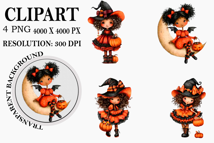 Whimsical Halloween Girl Clipart Watercolor PNG