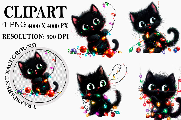 Whimsical Funny Christmas Cat Clipart Watercolor PNG example image 1