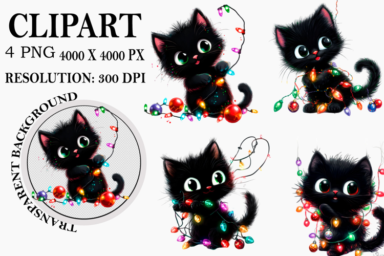 Whimsical Funny Christmas Cat Clipart Watercolor PNG
