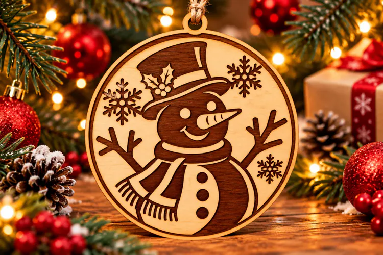 Cute Snowman Christmas Wooden Ornament Laser Cut Svg